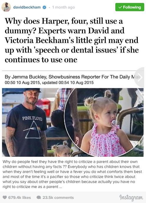 David Beckham defends daughter Harper's pacifier